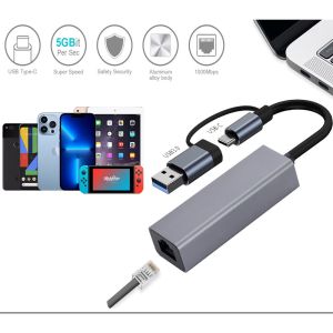 Cáp chuyển UBS/Type C sang đầu mạng US236 Đầu mạng Ethernet RJ45 Gigabit tốc độ mạng 1000 Mbps 2 in 1 UBS/Type C to RJ45 Ethernet LAN khả năng tương thích rộng