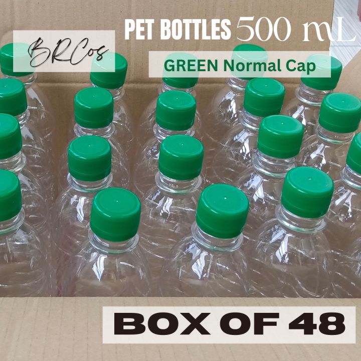 BRCos Box Of 48 (500mL) Empty Clear Plastic Bottles With Green Normal