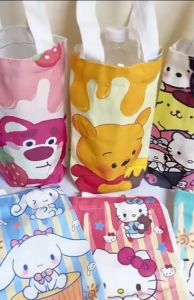 Mini Handbag Wrist Strap Cartoon Printed Cup Cover Casual Canvas Bottle Accessory Knot Wrist Bag Women Girls