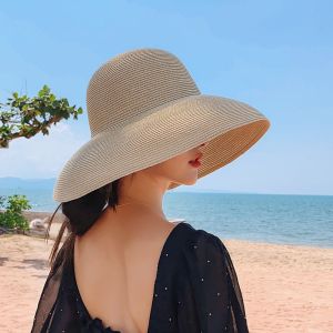 Hebe Style Wide Brim Straw Hat Summer Vacation Sunshade Womens Cooling Cap French Vintage Fisherman Hat Beach Accessory