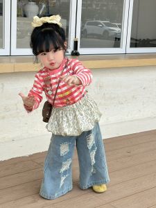 Tagkita | Spring Stripe and Ripped T-shirt Jeans Girl
