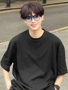 Heavyweight Black Cotton T-Shirt Mens Loose Fit Short Sleeve Seven-Quarter Sleeve Cleanfit round Neck Pure Color Summer Casual