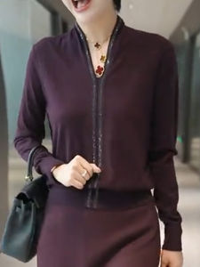 SUOXIMENG | Large Size Purple V-Neck Sequin Long Sleeve Knitwear Womens Fashion Trendy Autumn New Style Moisture Wicking Cashmere Zipper Closure