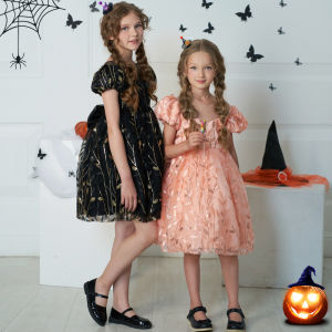 MQATZ Sisters Black Halloween Costumes Dress For Girls Children Girl Cosplay Print Orange Party Dresses Pattern Carnival L5303