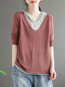 Fashionable Oversized Retro Hoodie Knitted Top Womens Loose Splicing Base Shirt Stylish Commute Style Soft Polyester Fiber
