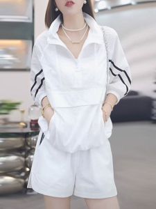 Casual Fashion White Large Size Womens Sports Suit Set Summer Hit Short Sleeve Shorts Two Piece Set Anti Aging Polyester Fiber