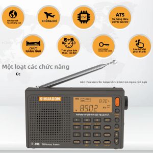 Máy Thu Sóng Vô Tuyến Di Động SIHUADON R108 FM Stereo AM SW Air Có Đồng Hồ Báo Thức Hiển Thị Nhiệt Độ Loa - Xám/Đen