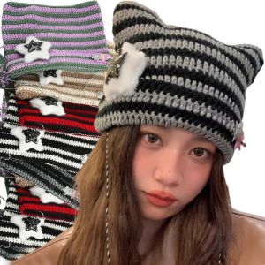 Y2K Cute Star Devil Knitted Beanies Hat with Pompom Ins Style Striped Knitting Wool Hats Autumn Winter Cat Ears Pullover Hats for Women Girls