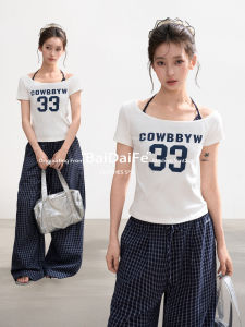 BAIDAIFEI | Halter Shoulder Short Sleeve Tee Slim Fit Sporty Top