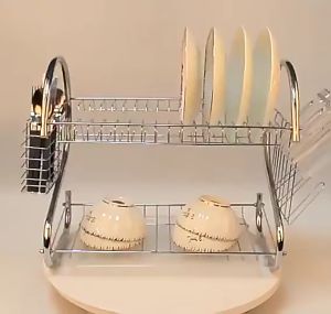 ชั้นคว่ำจานโครเมี่ยม 2 ชั้น รุ่นใหม่ รูปทรงตัวเอสS พร้อมที่ใส่ช้อน ส้อม มีดและแก้วน้ำ (ขนาด ยาว 38x25X40cm.)