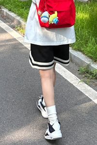 กางเกงขาสั้นกีฬาเอวสูงหลวมๆ สำหรับผู้หญิงในช่วงฤดูร้อน กางเกงขายาวลำลองสไตล์อเมริกัน 5 จุด ผ้าฝ้ายผสมโพลีเอสเตอร์