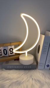 Neon Sign LED Moon shaped Neon Light Battery/USB Powered Warm White Neon Lamp with Holder Base Star Holiday Nightlight Decor 111