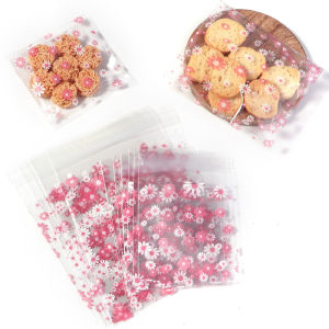 100pcs/lot Pink Daisy Transparent Self-sealing Bag Ornaments Plastic Storage Bags For Jewelry Candy Cookie Packaging Bag