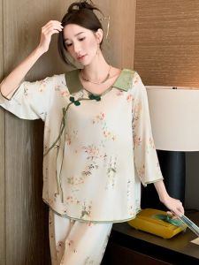 ชุดนอนผู้หญิงแขนยาวผ้าไหมน้ำแข็งไซส์ใหญ่ ชุดนอนฤดูใบไม้ผลิและฤดูใบไม้ร่วง ชุดนอนผ้าไหมน้ำแข็ง ชุดนอนผู้หญิงไซส์ใหญ่ ชุดนอนผ้าไหมน้ำแข็ง