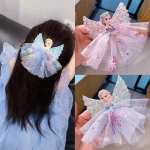 🔥🔥Roman Holiday Cartoon Princess Elsa Mesh Bow Hair Clip Wings Lace Bow Hair Clip Sequin for Kids Fashion Girls Kids Hair Accessories