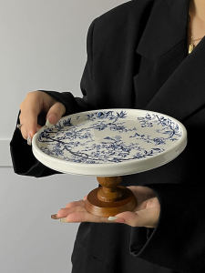 Retro Chinese Blue And White Wooden High Footed Tray Tea Snacks Fruit Display Home Decorative Item Nordic Style round Ceramic Plate