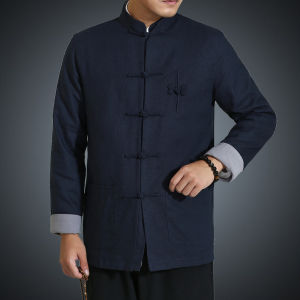 Tang Suit Spring and Autumn Chinese Tunic Suit Young Mens Slim-Fit Long-Sleeved Coat Chinese Style Chinese Button Knots Vintage Linen Han Clothing