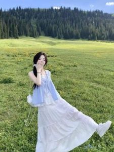 ฤดูร้อน เด็กทารก เสื้อตุ๊กตาสีฟ้าพาสเทล แขนกุด ผู้หญิง ดีไซน์ Sense Fake Two-piece หวาน สไตล์ Bowtie ขอบไม้ รัฟเฟิล เสื้อเบลาส์