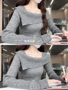 เสื้อสเวตเตอร์คอวีสีเทาสำหรับผู้หญิง ฤดูใบไม้ร่วง 2025 ชุดทำงานสไตล์เกาหลี ทรงสลิมฟิต แขนยาว ปกติ