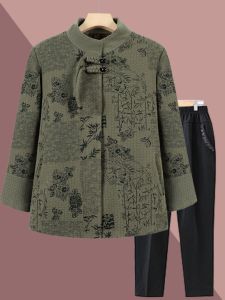 Fashionable Thickened Autumn Outerwear for Middle-Aged And Elderly Women Velvet Fabric Long Sleeve Coat with Stand Collar