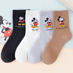 Disney | 4 Pairs of Disney Cartoon Mickey Pattern Womens Cotton Printed Mid Tube Socks Retro Coffee Couple Mid Tube Gift Socks