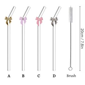 1/5PCS Reusable Bent Transparent Glass Straw Set Four-Color Bow Design Perfect for Drinks Home Kitchen Decor Gift