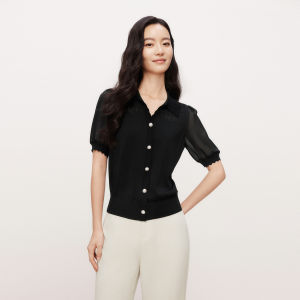 Koradior | Simple Black Short Sleeve Knitted Shirt Patchwork Commuter