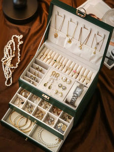 High-End Leather Jewelry Box Earring Necklace Ring Storage Box Hardware Elegant Display Box Vintage Nordic Style Bedroom Use