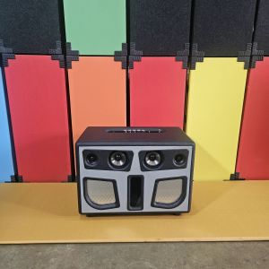 ลำโพงบลูทูธ (พร้อมแบตในตัว) ดอกซับ 4 นิ้วคู่ กลาง3นิ้วแหลม2นิ้ว แอมป์TB21(แท้) 200watt หุ้มหนังสีดำหน้ากากเทา