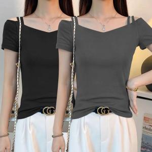 Lieoyuarn | Short Sleeve T-Shirt V-Neck Body-Shaping Off-Shoulder Tight Boat Neck Top
