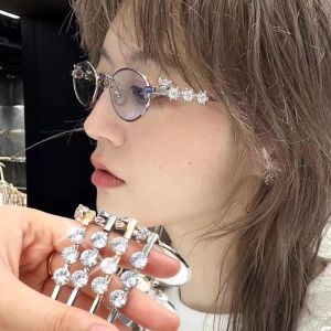 แว่นกันแดดแฟชั่นทรงรีประดับพลอยเทียมกรอบแว่นตาทรงกลมใสขนาดเล็กกรอบเพชรย้อนยุคโลหะสำหรับผู้หญิงผู้ชาย