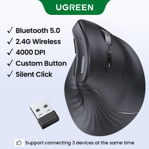 UGREEN MU008 Vertical Ergonomic Wireless Mouse Bluetooth and 2.4GHz Wireless with USB Mini Receiver DPI Setting 4000DPI 4 Buttons for PC / Mac /Linux Laptop