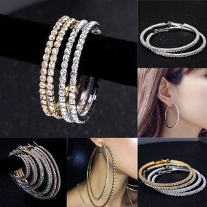 【COD&Ready Stock】Shiny Big Rhinestone Hoop Earrings for Women Round Circle Silver Gold Round Hoop Earrings Jewelry for Gift Female