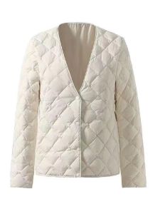 2024 New V-Neck Lightweight down Cotton Jacket Womens Slim Fit Warm Base Layer Outerwear Coat Casual Commute Style Pure Color