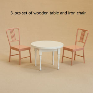 1:12 Miniature Realistic Wooden White Table and Iron Pink Chair 3-Piece Set Suitable for Bjd Ob11 Dollhouse Home Furnishings