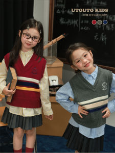 Áo Len Dệt Kim Cổ Chữ V Không Tay Cho Bé Gái Mùa Thu Phong Cách Anh Quốc Cổ Điển Áo Khoác Học Viện Cho Bé Gái