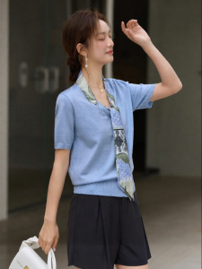 Vimly | Elegant Scarf-Style Collar Knit T-shirt Short-sleeved