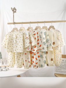 Childrens Summer Sleepwear Pure Cotton Gauze Thin Sleeveless Cardigan Boys Girls Seven-Arm Air Conditioning Home Clothes Set