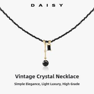 DAISY DREAM | Retro Black Crystal Necklace with Unique Design Beads Collar Chain Sugar Cube Pendant Elegant Versatile