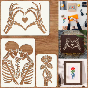 3PCS Skeleton Heart Rose Stencil Set – Reusable DIY Painting Templates for Wall Decor Scrapbooking Halloween Party Gift Packa