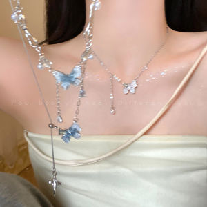 Blue Butterfly Tassel Necklace Womens Luxury Minimalist High-End Clavicle Chain New 2025 Exaggerated Neck Chain Accessories