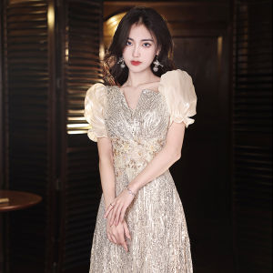 Sequined Evening Dress for Women 2025 French Long Style High End Luxury Niche Host Banquets Parties Gatherings Womens Prom Gown