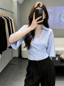 SHUAIYUE | Áo Blouse Nữ Elegance V-neck Dây Nơ Buộc eo Tay 5/8