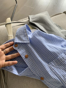 Blue Striped Long Sleeve Shirt Casual Loose Womens Spring Autumn Spring Summer Polo Collar Button up Striped Casual Outerwear