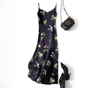 ชุดเดรสยาวปานกลางคอวีผ้าไหมน้ำแข็งฤดูร้อนสำหรับผู้หญิง ชุดคลุมไหล่แขนกุดทรงเอ ชุดทำงานสไตล์เกาหลี ชุดทำงานฤดูร้อน