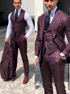 Solid Color Men Business Suits 3 Pieces Blazer With Peak Lapel Vest Pants For Wedding Groom Birthday Banquet Work Tuxedos Set