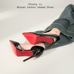 รองเท้าส้นสูงคริสตัลสีแดงด้านข้างเปิดสำหรับผู้หญิง ฤดูใบไม้ผลิและฤดูใบไม้ร่วง สีดำ เซ็กซี่ ด้านข้างเปิด หนัง PU รองเท้าส้นเดี่ยว