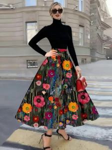 Printed Design Four Seasons Leisure Style Colorful Flower Pattern Printed Skirt Half Skirt