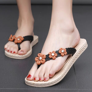Womens Summer Flat Heel Soft Bottom Anti-Slip Wear-Resistant Plastic Footbed Flower Beach Sandal Flip Flops Casual PVC