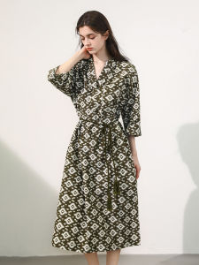 Miccbeirn | Silk Cotton Vintage Diamond Print Dress Slimming V-neck Waist-cinched Midi Skirt A-line Silken Cotton Dress For Women